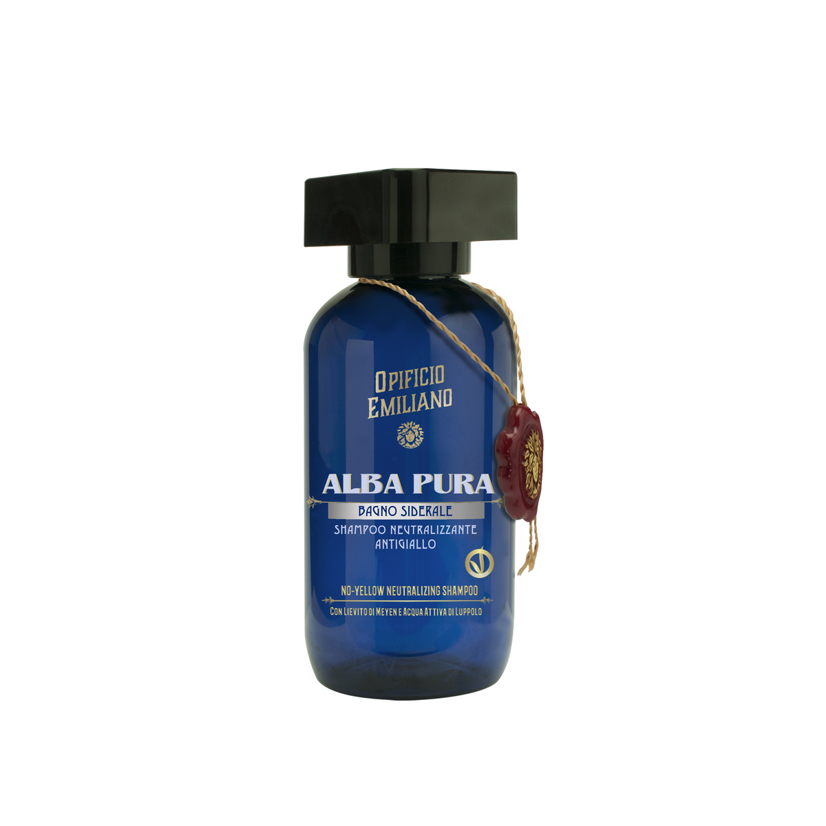 Opificio Emiliano Alba Pura No-Yellow schampo 100 ml i blå flaska med svart kork och dekorativt sigill.