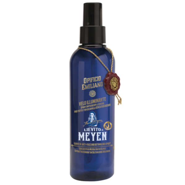 Opificio Emiliano Lievito Di Meyen Anti-Frizz Spray 200 ml i blå flaska med svart spraymunstycke och rött sigil