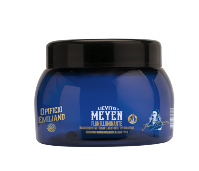 Opificio Emiliano Lievito Di Meyen reparerande hårmask 220 ml i blå burk med svart lock.