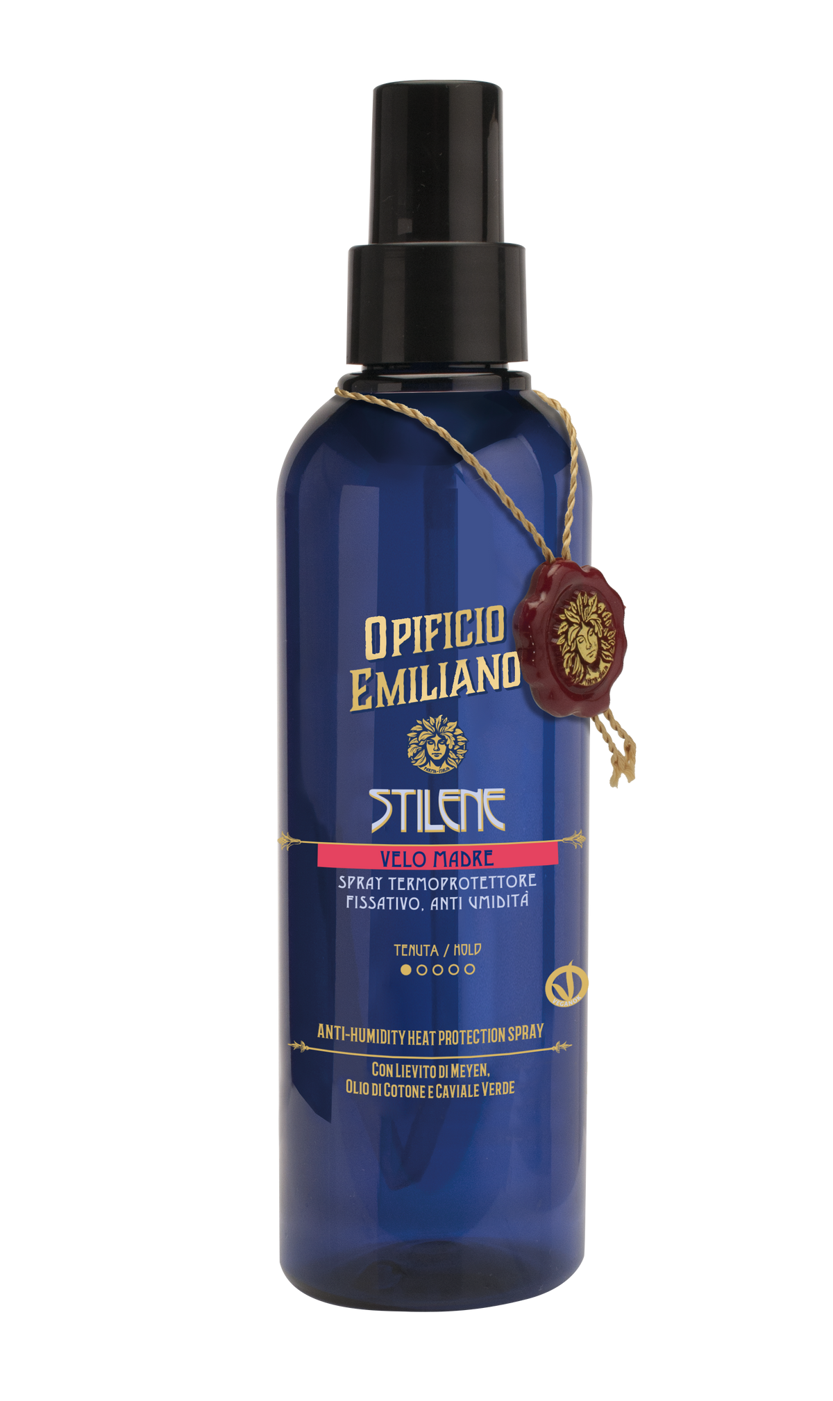 Opificio Emiliano Stilene värmeskyddsspray mot luftfuktighet i blå flaska med svart spraymunstycke och dekorativt sigill.⠋