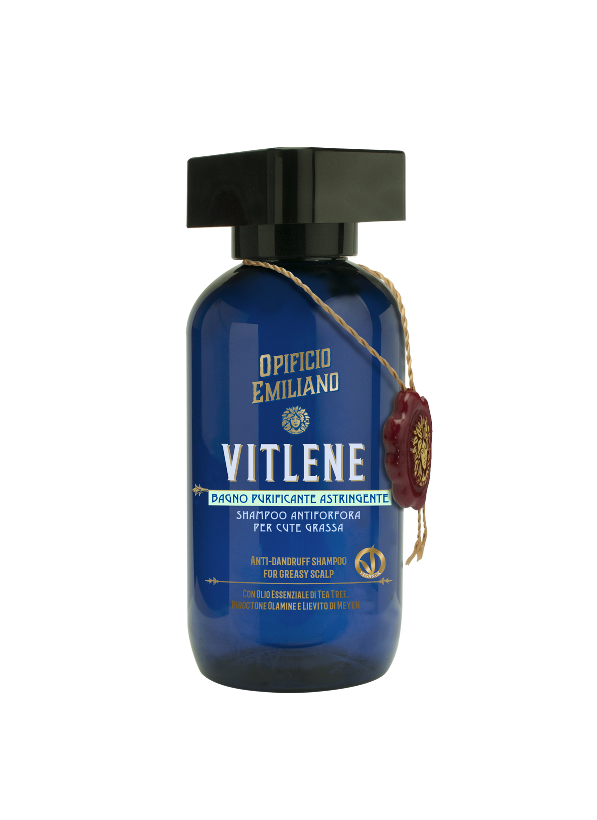 Opificio Emiliano Vitlene mjällschampo för fet hårbotten, 100 ml, i blå flaska med svart kork.